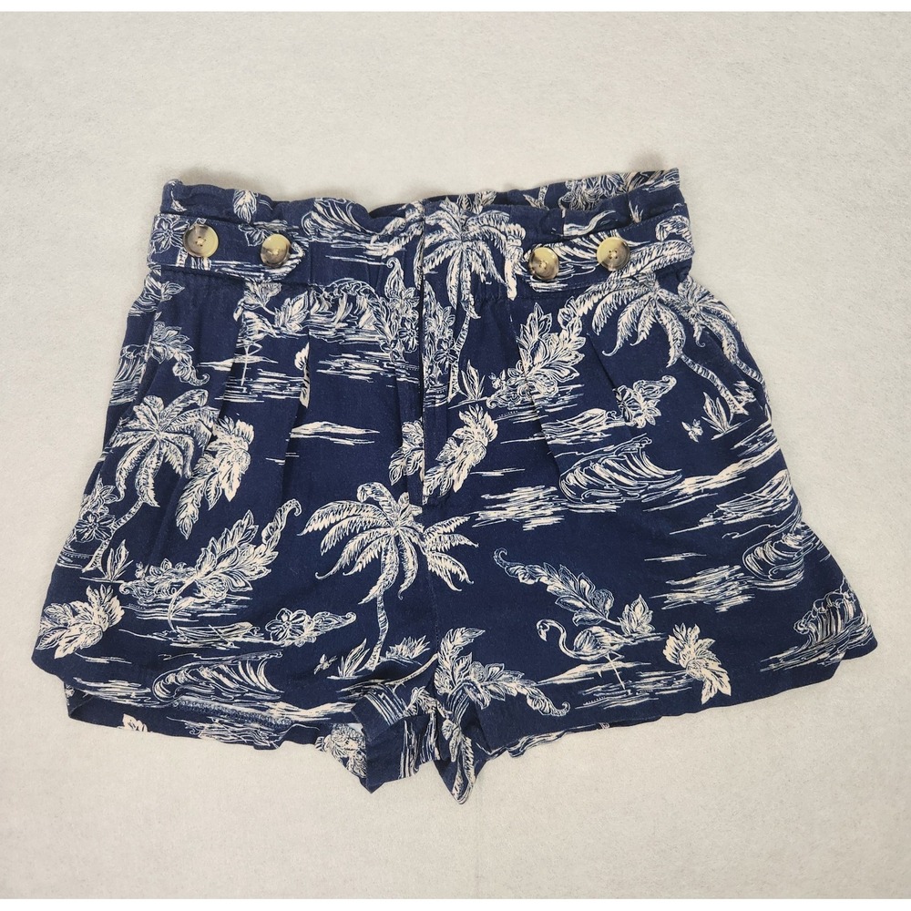 a.n.a Shorts Womens 8 Blue Tropical Print High Rise Paperbag Palm Trees Vacation